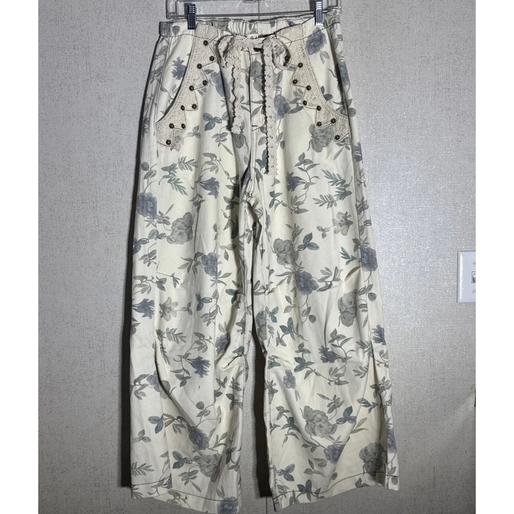 POL Boho Hippie Floral Baggy Pants Size Small Crochet Lace Pockets Oversized